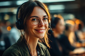 Female telephone consultant with headphones and microphone serves customers in a call center