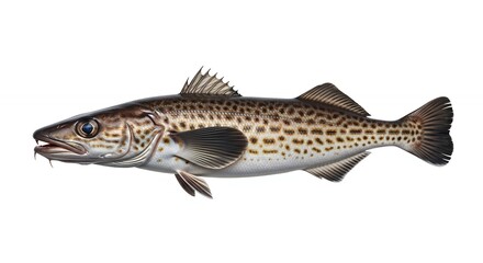 Atlantic Cod Portrait with Distinctive Mottled Pattern and Sharp Teeth on White Background