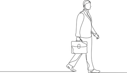 Businessman walking with briefcase in continuous line drawing style. Sketch of man carrying briefcase in minimalist black lines isolated on white background. Vector illustration