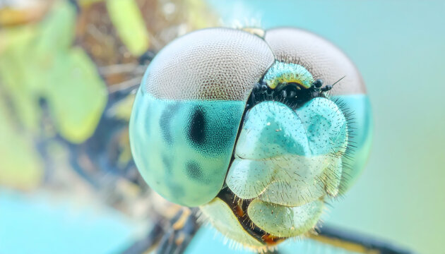 Close-Up of Dragonfly Face: Blue and Green Compound Eyes Macro Photography