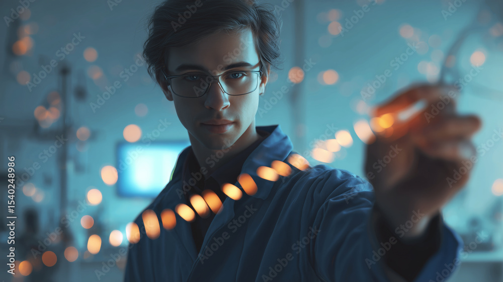Aufkleber A man experiments with smart materials in a laboratory focused on shape memory alloys and liquid metal.