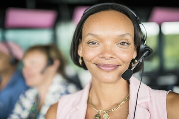 Natural African American female call center consultant working with headphones and microphone while serving customers