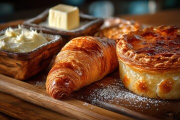 Golden croissant with morning bun, fresh cream and butter on wooden tray dusted with sugar, breakfast pastries