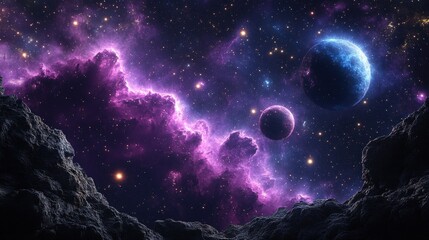 Fototapeta premium A vibrant cosmic scene showing colorful nebulae and two planets viewed from a rocky foreground in deep space.