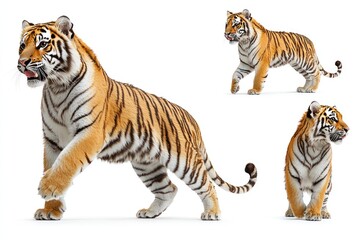 Three Tigers Posing, Studio Shot, White Background