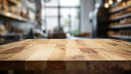 Wooden counter showcases a blurred bakery backdrop providing a warm, inviting presentation space