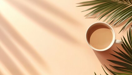 Beige coffee cup, sunbeams, palm leaves