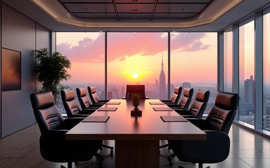 Modern conference room with sunset view. High quality