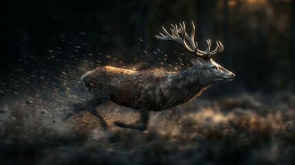 Obraz premium Red Deer in motion through dense forest, symbolizing strength, wilderness, and traditional hunting heritage. 