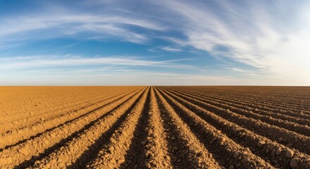 Furrowed Field Dreamscape Endless golden rows under swirling azure skies.