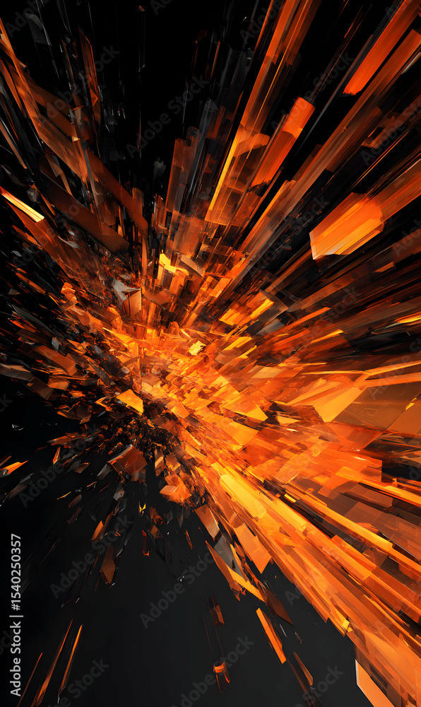 Poster Exploding digital art with fiery orange shards forming a dynamic and abstract pattern against dark backdrop