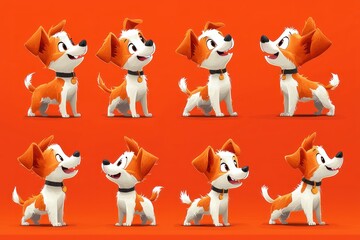 Eight Animated Dog Poses on Orange Background