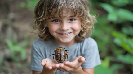 Close-up shot of a smiling child gently holding a large brown insect in their open palms, set against a blurred natural background of lush green foliage