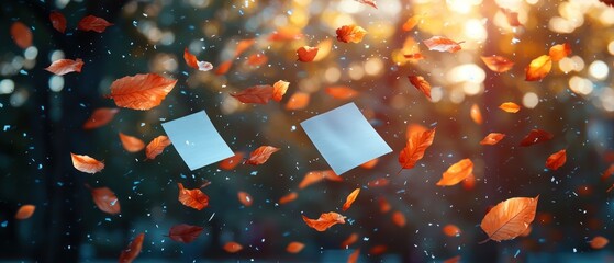 Autumn leaves dance in the wind, carrying blank cards