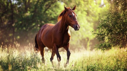 Fototapeta premium Powerful chestnut horse with white forehead marking strides gracefully through lush sunlit meadow, surrounded by tall grasses and dense green forest foliage.