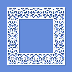 Square frame with carved ornament. Border, edge for mirror, postcard, photo. Floral plant pattern. Template for plotter laser cutting of paper, wood carving, metal engraving, cnc. Vector illustration.