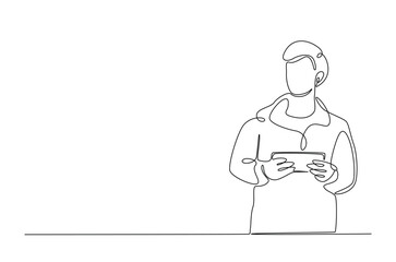Engineer holding tablet in continuous one line drawing. Single line art illustration of technician working with tablet. Editable vector.