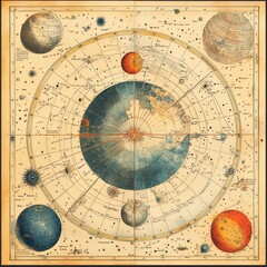 Bolder-Atlas by Brockhaus, an antique drawing of vintage astrological spheres and charts and diagram. Astrology, star sky atlas map. Vintage astrology art drawing illustration, old painting art print.