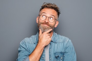 thoughtful man in glasses looking up with hand on chin on gray background