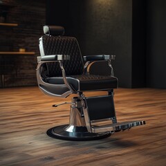 A black leather barber chair rests on a wooden floor. The chair is empty and ready for use. Horizontal