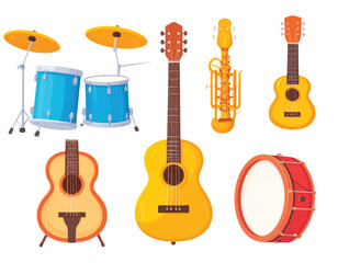 Fototapeta premium A vibrant set of isolated musical instruments, featuring acoustic, electric, and bass guitars, ready for any rock, jazz, or classical concert