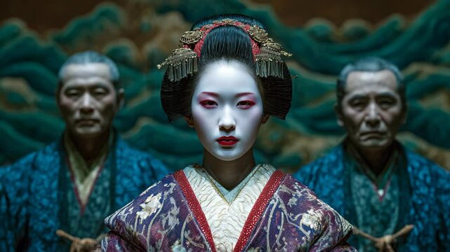 2人の男性を従え、正面を向いて静止する人形のようなミステリアスな芸者