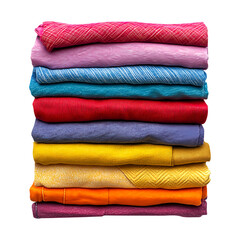 Neatly folded, washed and ironed colorful clothes showing different types and colors, isolated on fully transparent png background