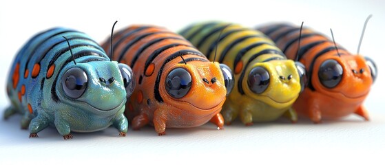 Colorful, cartoonish insects with large eyes, arranged in a row