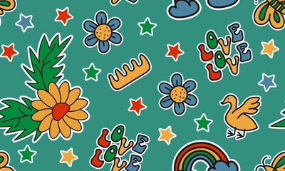 Seamless pattern with randomly placed cartoon groovy stickers on a turquoise background. Vector illustration