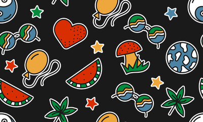 Seamless pattern with randomly placed cartoon groovy stickers on black background. Version 2. Vector illustration