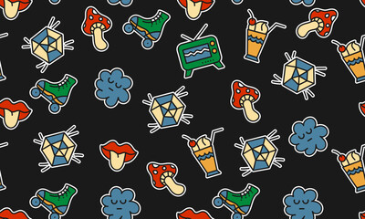 Seamless pattern with randomly placed cartoon groovy stickers on black background. Vector illustration