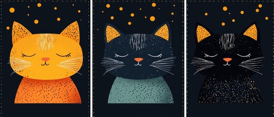 Three Sleeping Cats Art Print, Dark Background, Night Theme