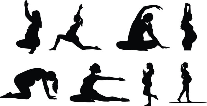Prenatal Yoga Silhouette Set: Pregnancy Exercise Poses, Including Stretching, Balancing, and Relaxation Moves, Ideal for Maternity Wellness and Fitness Design Themes