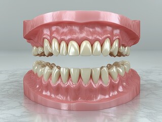 A detailed 3D rendering of a full set of healthy human teeth, set within realistic gums