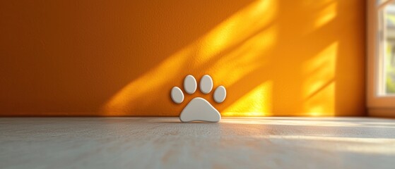 Paw Print on Floor, Sunlit Orange Room, Interior