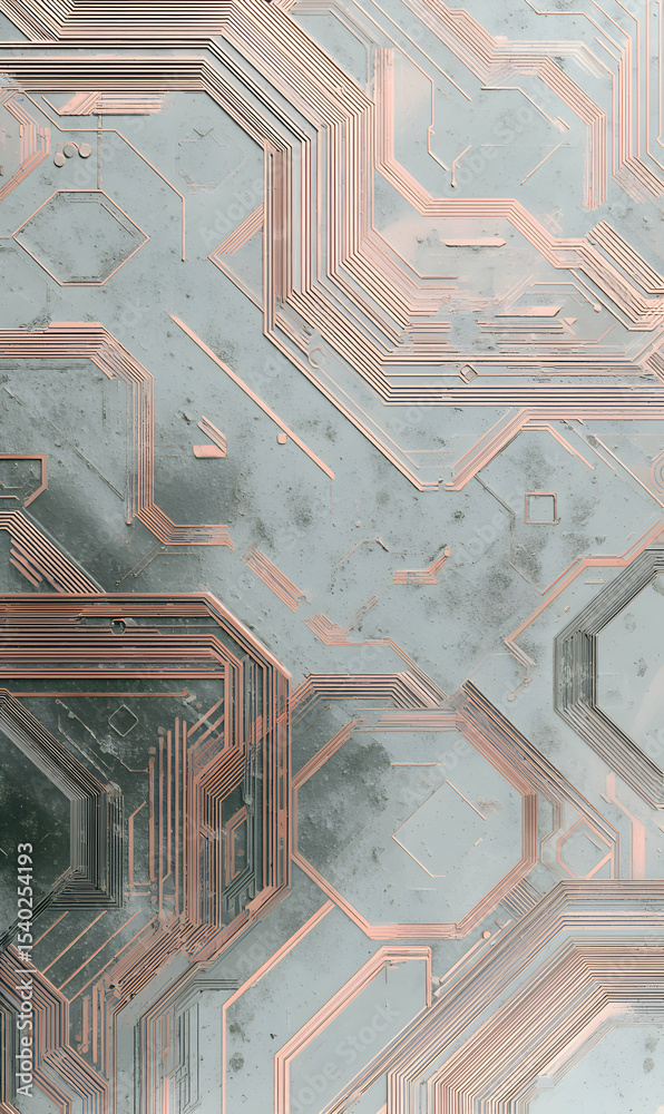 Poster complex circuitry patterns create a futuristic wallpaper design with metallic accents and subtle col