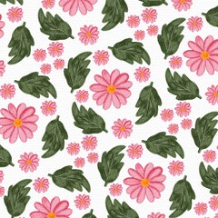 Seamless pattern of pink daisy flowers and green leaves in watercolor style. Hand-painted floral background, perfect for fabric, wallpaper, wrapping paper, and spring-themed design projects