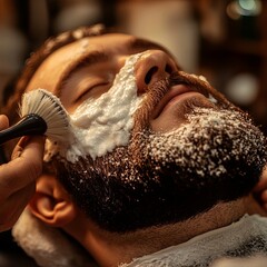 Barber applies shaving foam with brush to man beard in barbershop, warm toning.