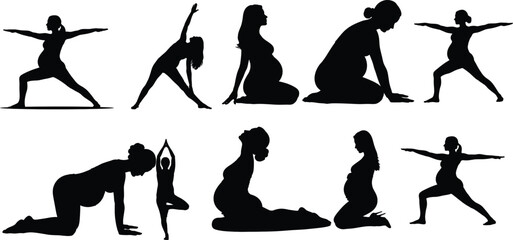 Prenatal Yoga Silhouette Set: Pregnancy Exercise Poses, Including Stretching, Balancing, and Relaxation Stances, Ideal for Maternity Wellness and Fitness Designs