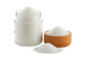 Isolated Assortment of White Sugar Granules in Glass Jar and Wooden Bowl