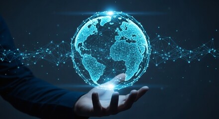 Global Network Power Man holding digital Earth globe in his hand.