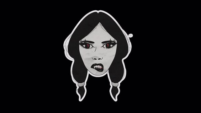 Loop animation of vampire girl sticker with sharp fangs and fiery red eyes on an unwrapped sheet of paper with transparent background