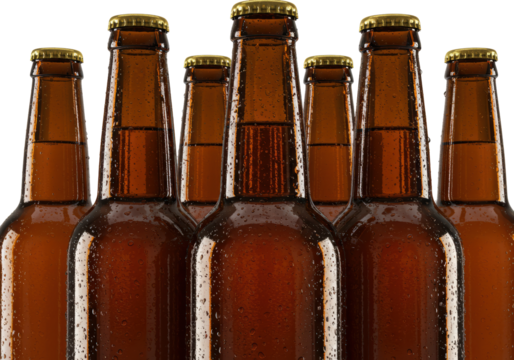 Isolated Row of Refreshing Brown Beer Bottles with Condensation