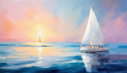 Abstract seascape with a white sailboat at sunset.