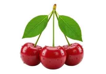Isolated Trio of Ripe Red Cherries with Green Stems and Leaves