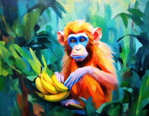 Abstract background with a monkey with bananas on a rainforest background.