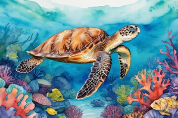 sea turtle swimming in water. Marine wildlife watercolor illustration.