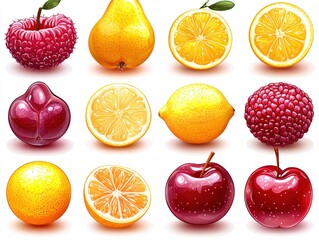 A vibrant collection of whole and halved fruits, showcasing glossy textures and rich colors