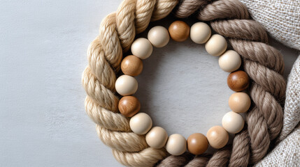 Obraz premium Artisanal display of jute and wood beads in neutral earthy tones for eco-conscious interior styling and design