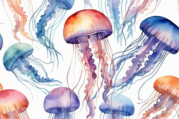 jellyfish watercolor illustration on white background. Marine wildlife background. 